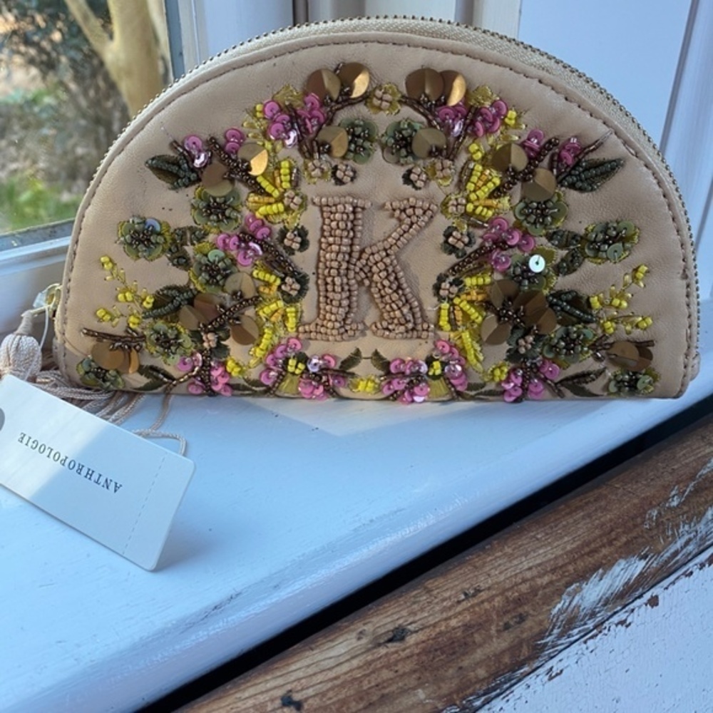 NWT Anthropologie Monogram Leather Beaded Pouch Clutch K